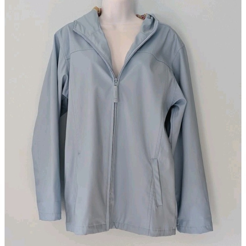 Misty Harbor Hooded Rain Coat Blue Women's Medium Pockets Zip Up Striped Lining